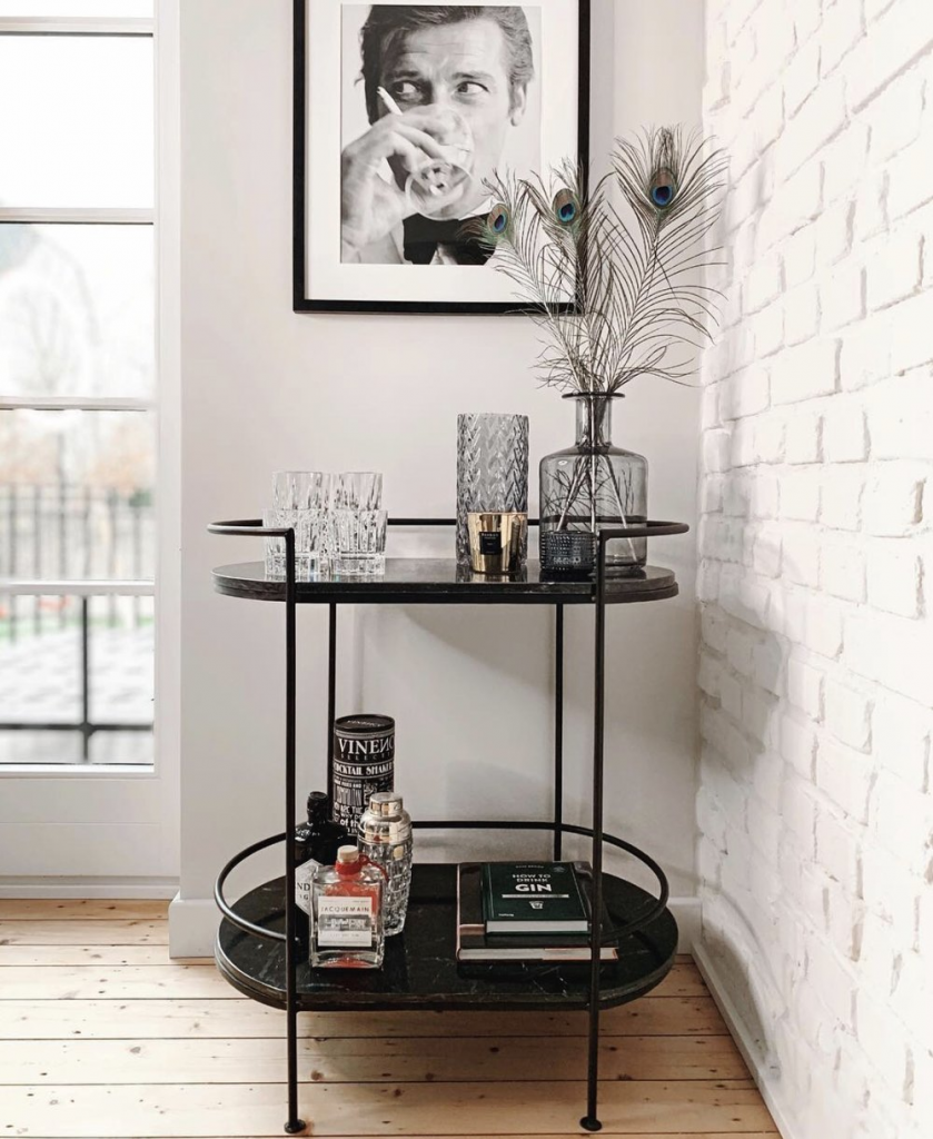 how to arrange supplies with style in a bar cart