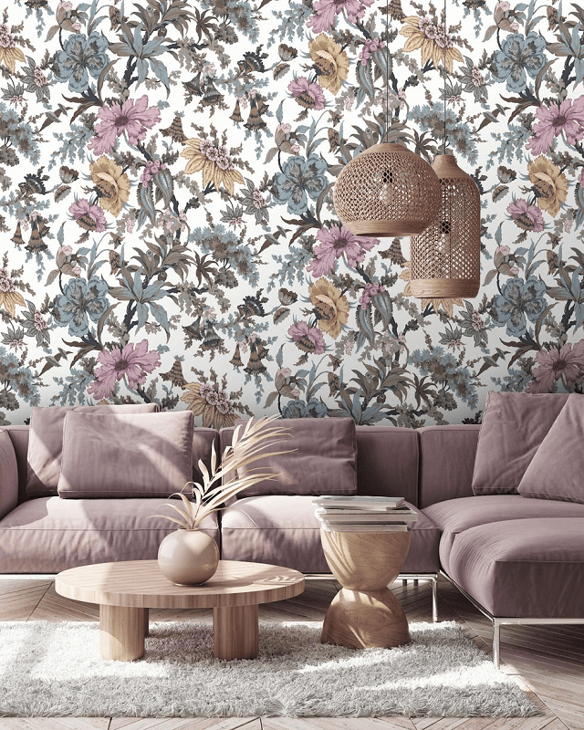 Modern-living-room-with-floral-wallpaper-incorporate-repeating-patterns-for-a-cohesive-look