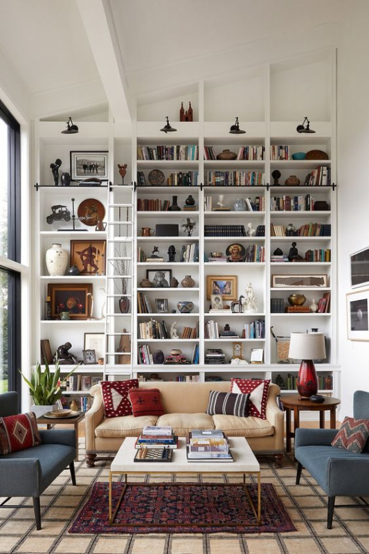 contemporary-living-room-with-tall-bookshelves